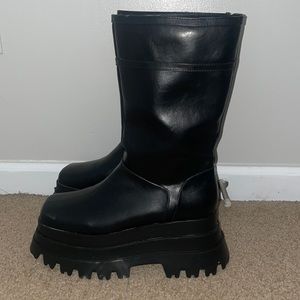 Ego Sky-High Chunky Sole Mid Calf Biker Boot in Black Faux Leather